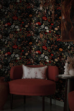 Black Folk Floral Wallpaper : Dark Millefleurs Meadow Wall Mural - View 4