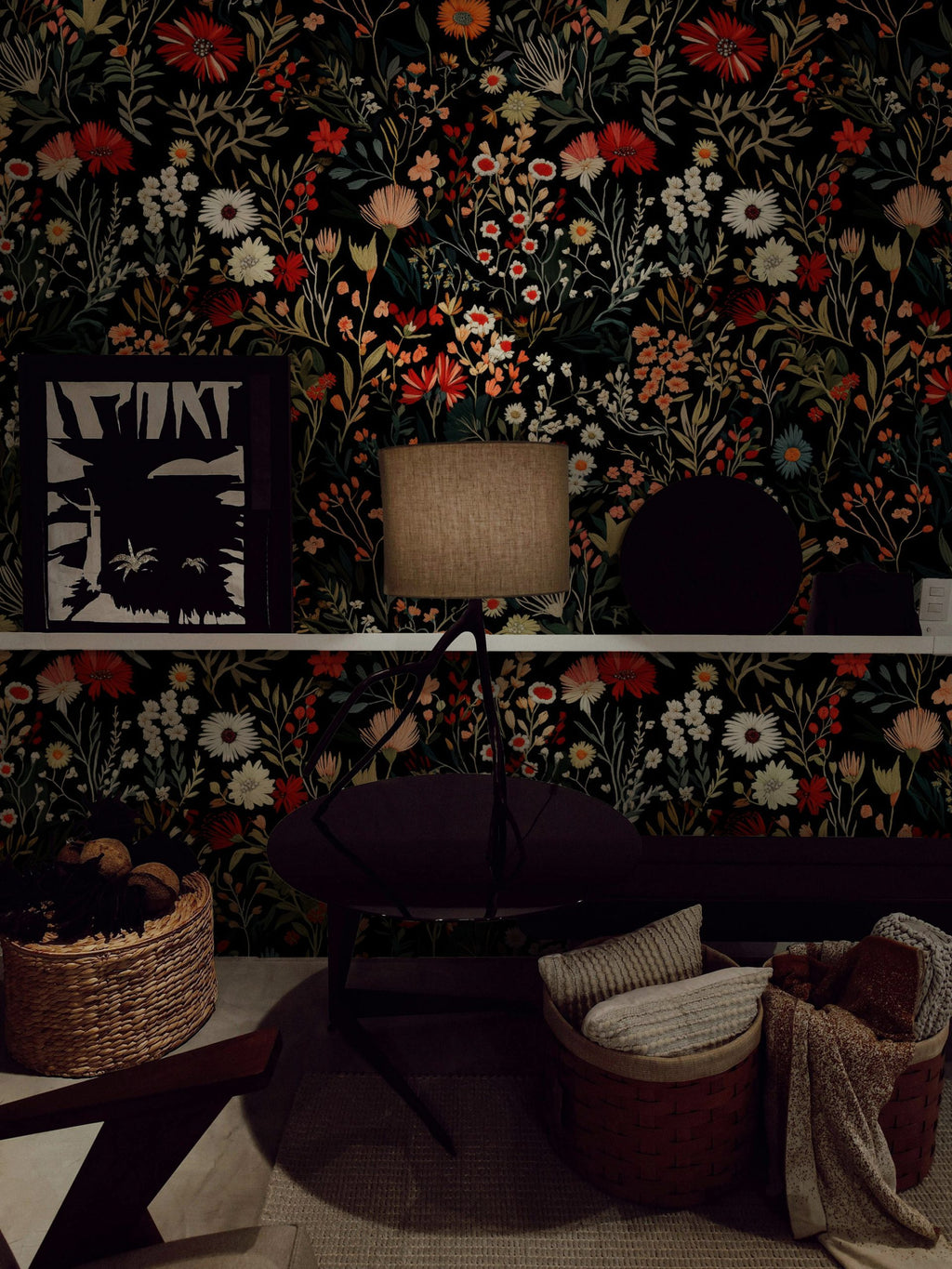 Black Folk Floral Wallpaper : Dark Millefleurs Meadow Wall Mural
