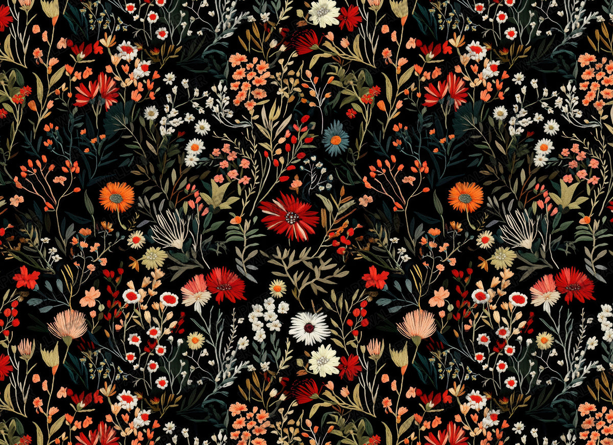 Black Folk Floral Wallpaper : Dark Millefleurs Meadow Wall Mural - View 2
