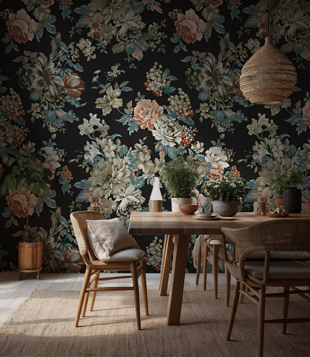 Black Vintage Floral Wallpaper : Dark Rose and Peony Wall Mural - View 3
