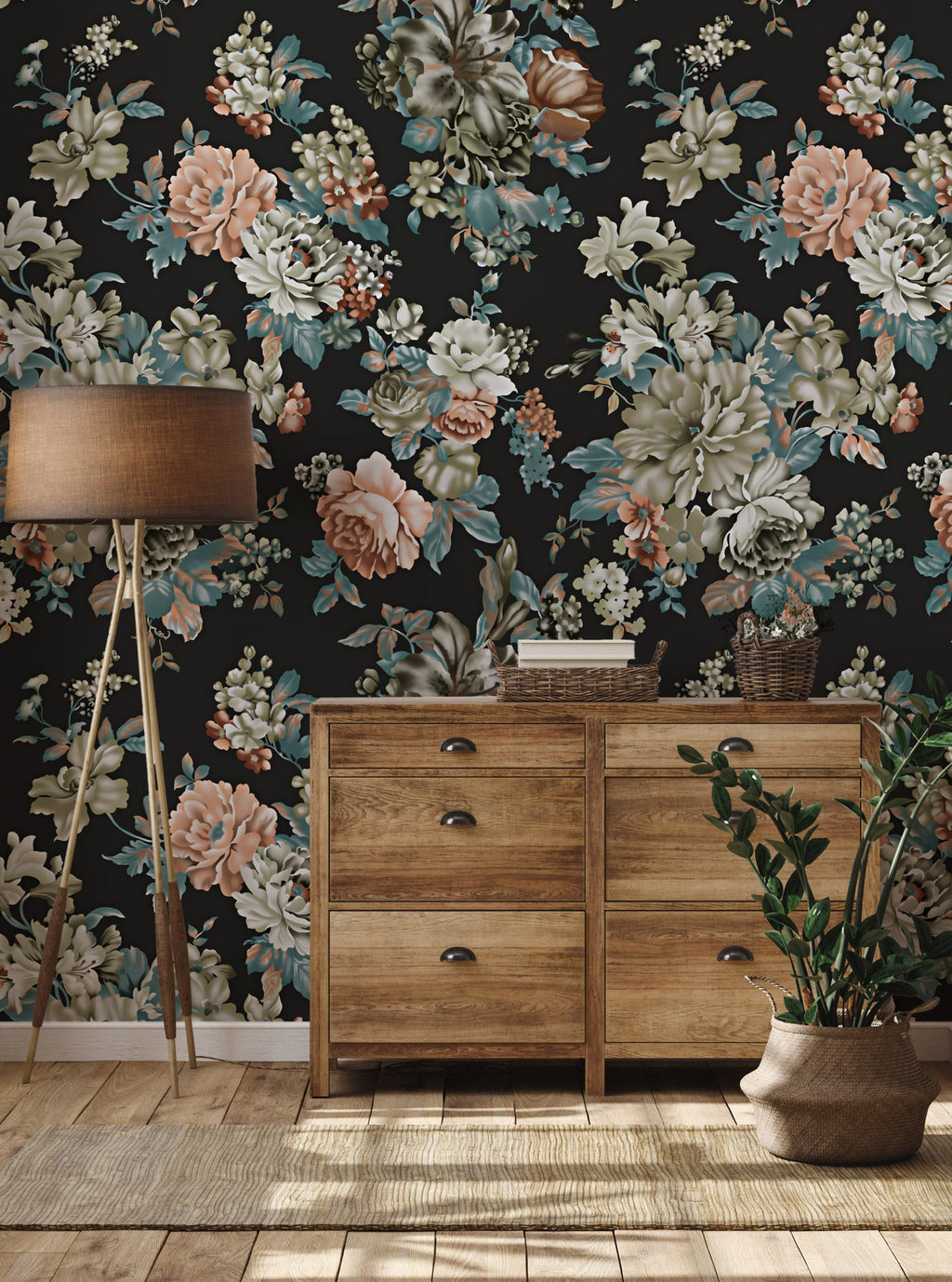 Black Vintage Floral Wallpaper : Dark Rose and Peony Wall Mural