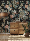 Black Vintage Floral Wallpaper : Dark Rose and Peony Wall Mural