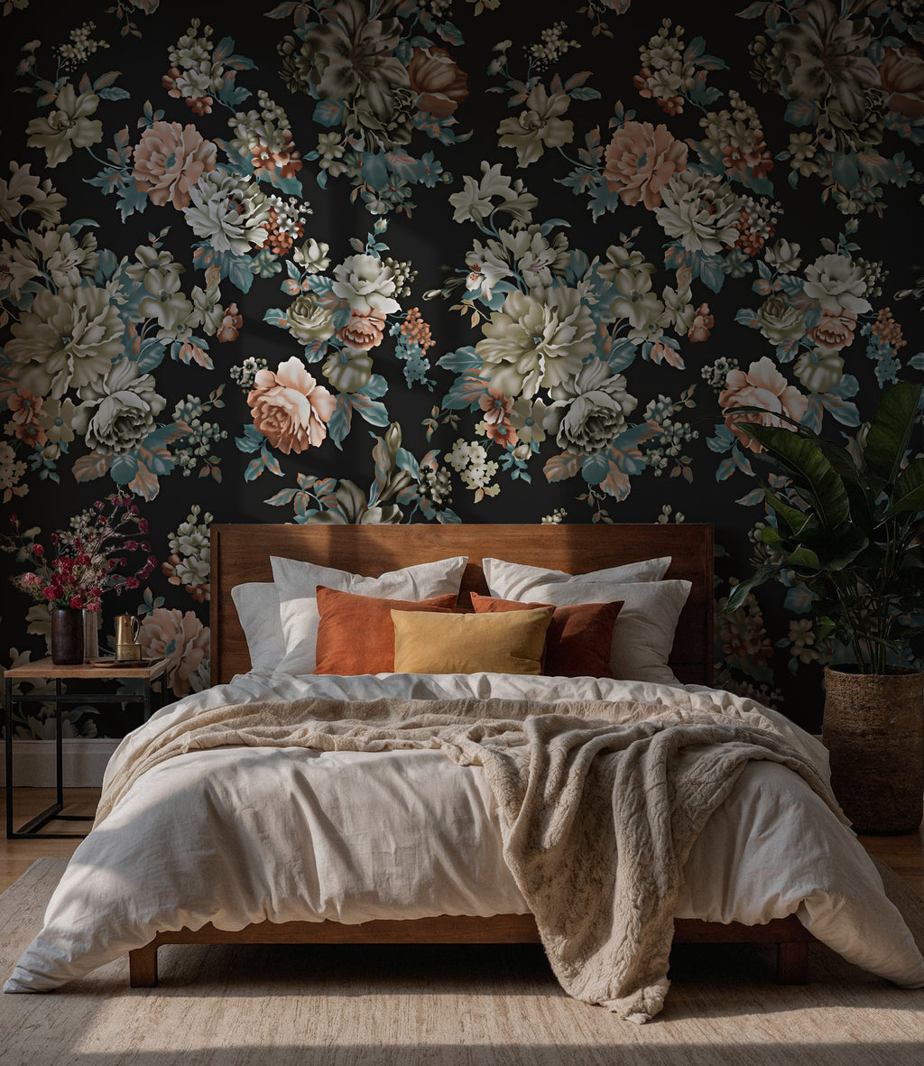 Black Vintage Floral Wallpaper : Dark Rose and Peony Wall Mural - View 5