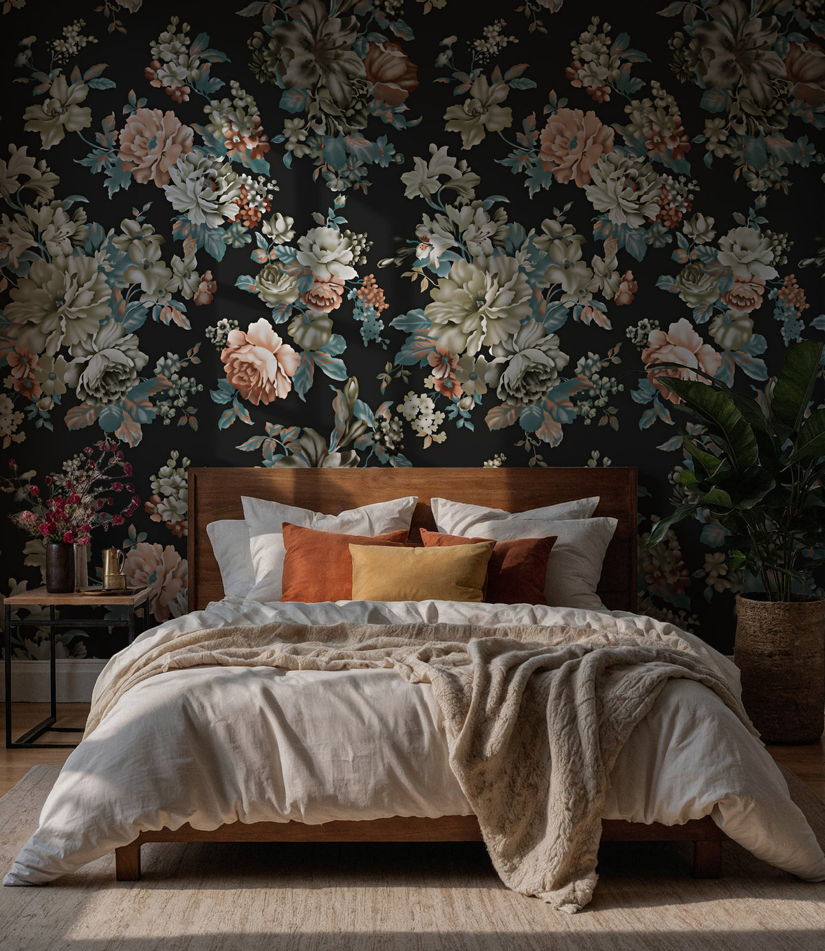 Black Vintage Floral Wallpaper : Dark Rose and Peony Wall Mural - View 5