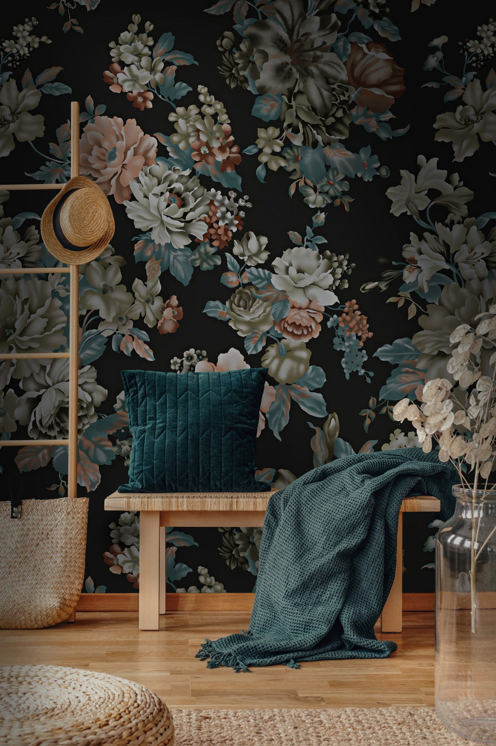 Black Vintage Floral Wallpaper : Dark Rose and Peony Wall Mural - View 4