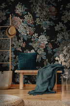 Black Vintage Floral Wallpaper : Dark Rose and Peony Wall Mural - View 4