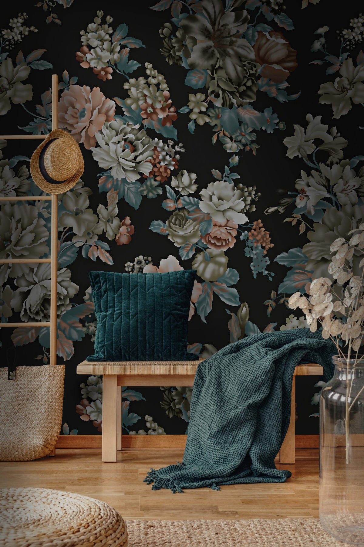Black Vintage Floral Wallpaper : Dark Rose and Peony Wall Mural - View 4