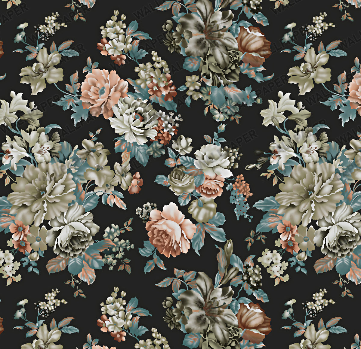 Black Vintage Floral Wallpaper : Dark Rose and Peony Wall Mural - View 2