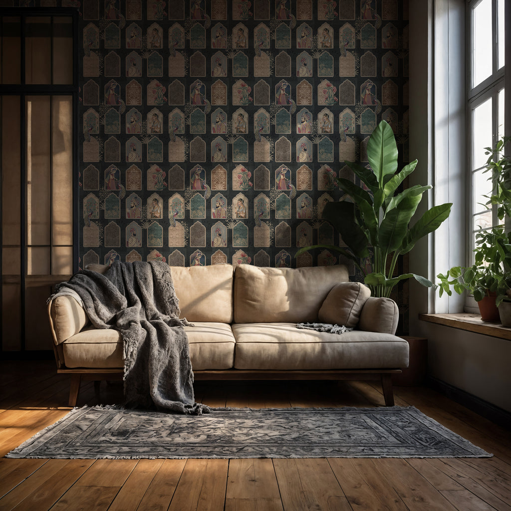 Indian Miniature Tile Wallpaper : Vintage Portrait Panel Wall Mural