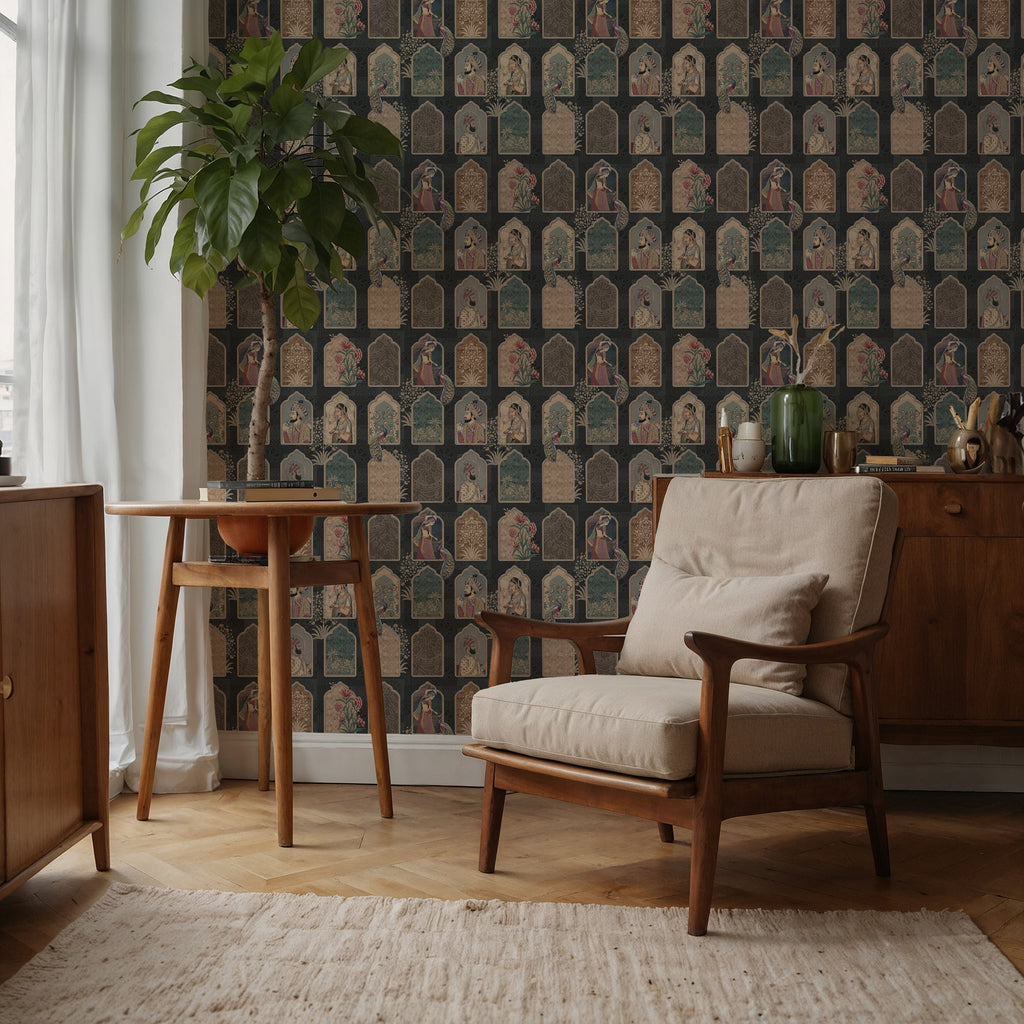 Indian Miniature Tile Wallpaper : Vintage Portrait Panel Wall Mural - View 3