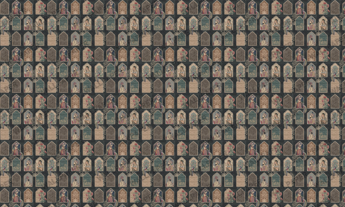 Indian Miniature Tile Wallpaper : Vintage Portrait Panel Wall Mural - View 2