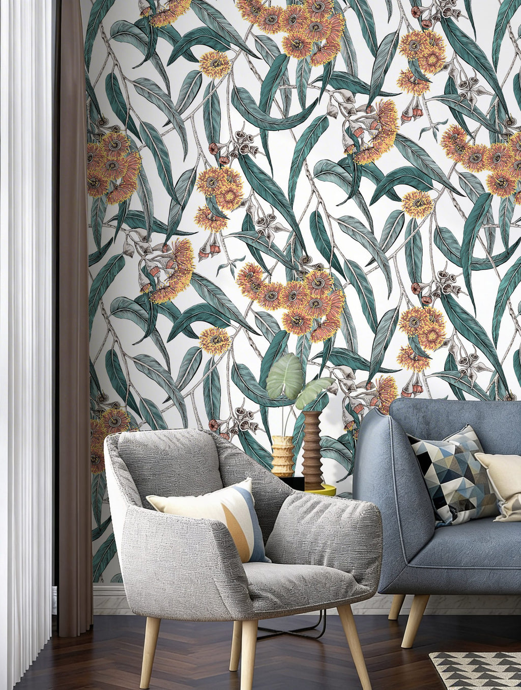 Teal Eucalyptus and Amber Blossom Wallpaper : Grey Botanical Mural - View 5