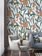 Teal Eucalyptus and Amber Blossom Wallpaper : Grey Botanical Mural - View 5