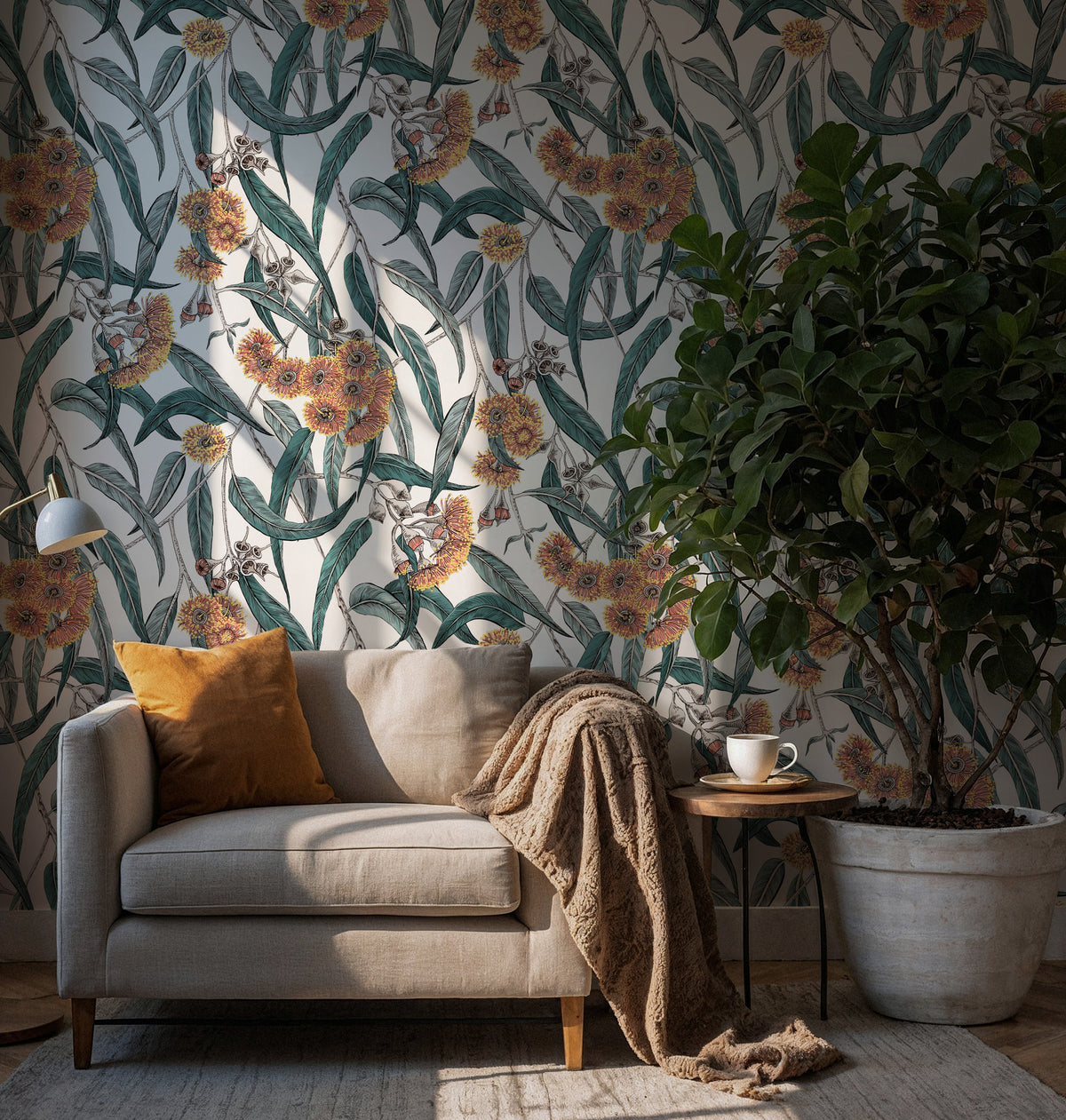 Teal Eucalyptus and Amber Blossom Wallpaper : Grey Botanical Mural