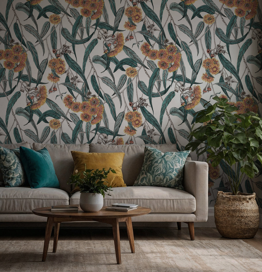 Teal Eucalyptus and Amber Blossom Wallpaper : Grey Botanical Mural - View 4