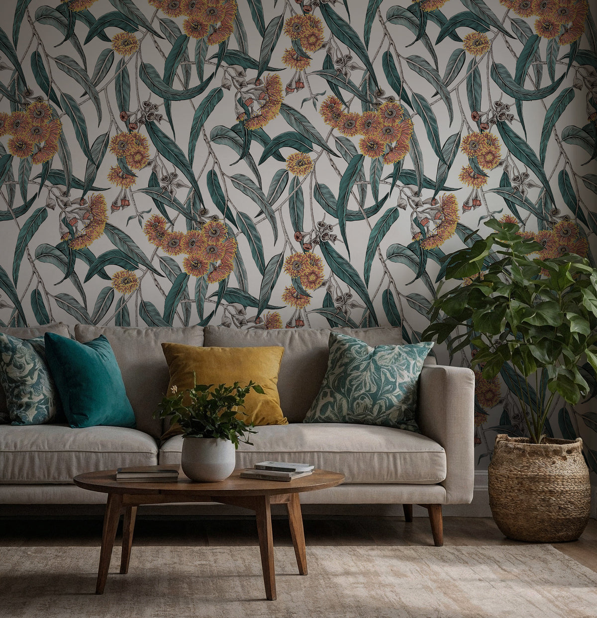 Teal Eucalyptus and Amber Blossom Wallpaper : Grey Botanical Mural - View 4
