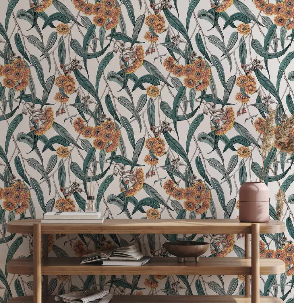 Teal Eucalyptus and Amber Blossom Wallpaper : Grey Botanical Mural - View 3