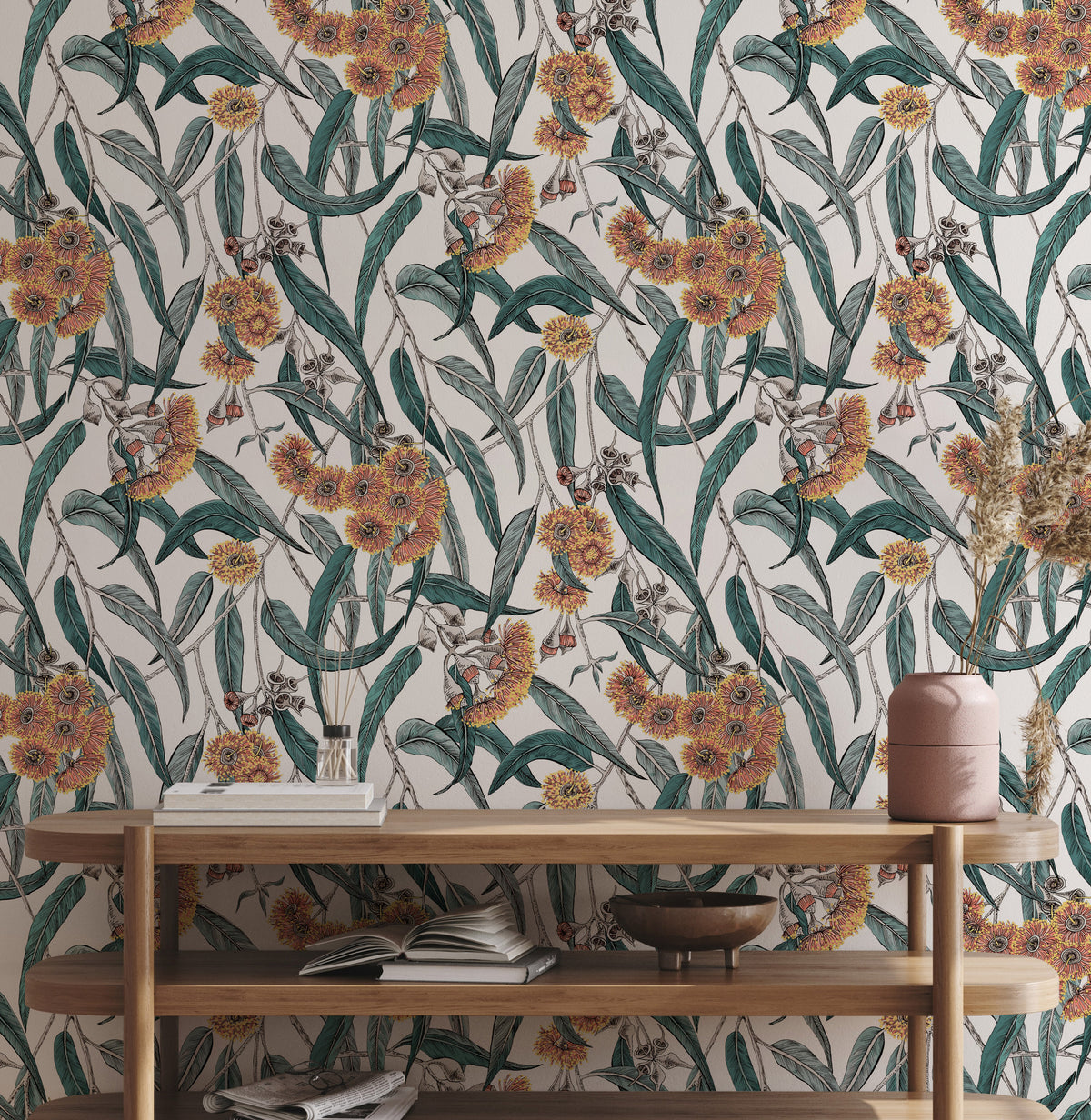 Teal Eucalyptus and Amber Blossom Wallpaper : Grey Botanical Mural - View 3