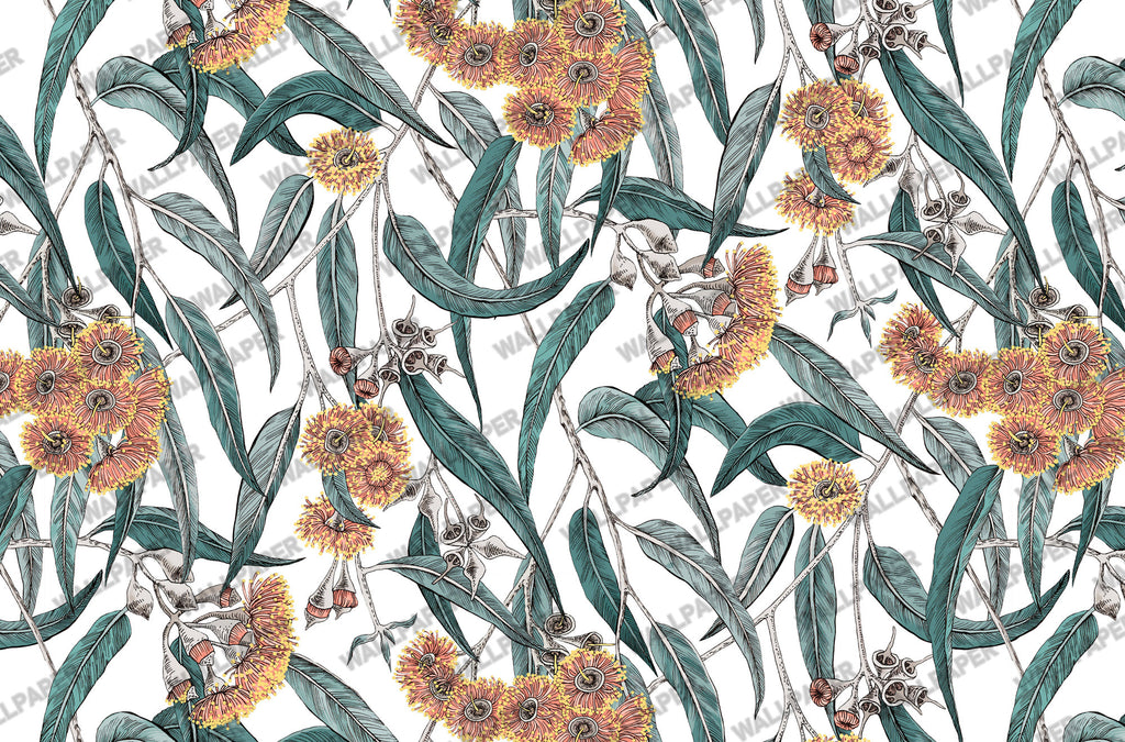 Teal Eucalyptus and Amber Blossom Wallpaper : Grey Botanical Mural - View 2