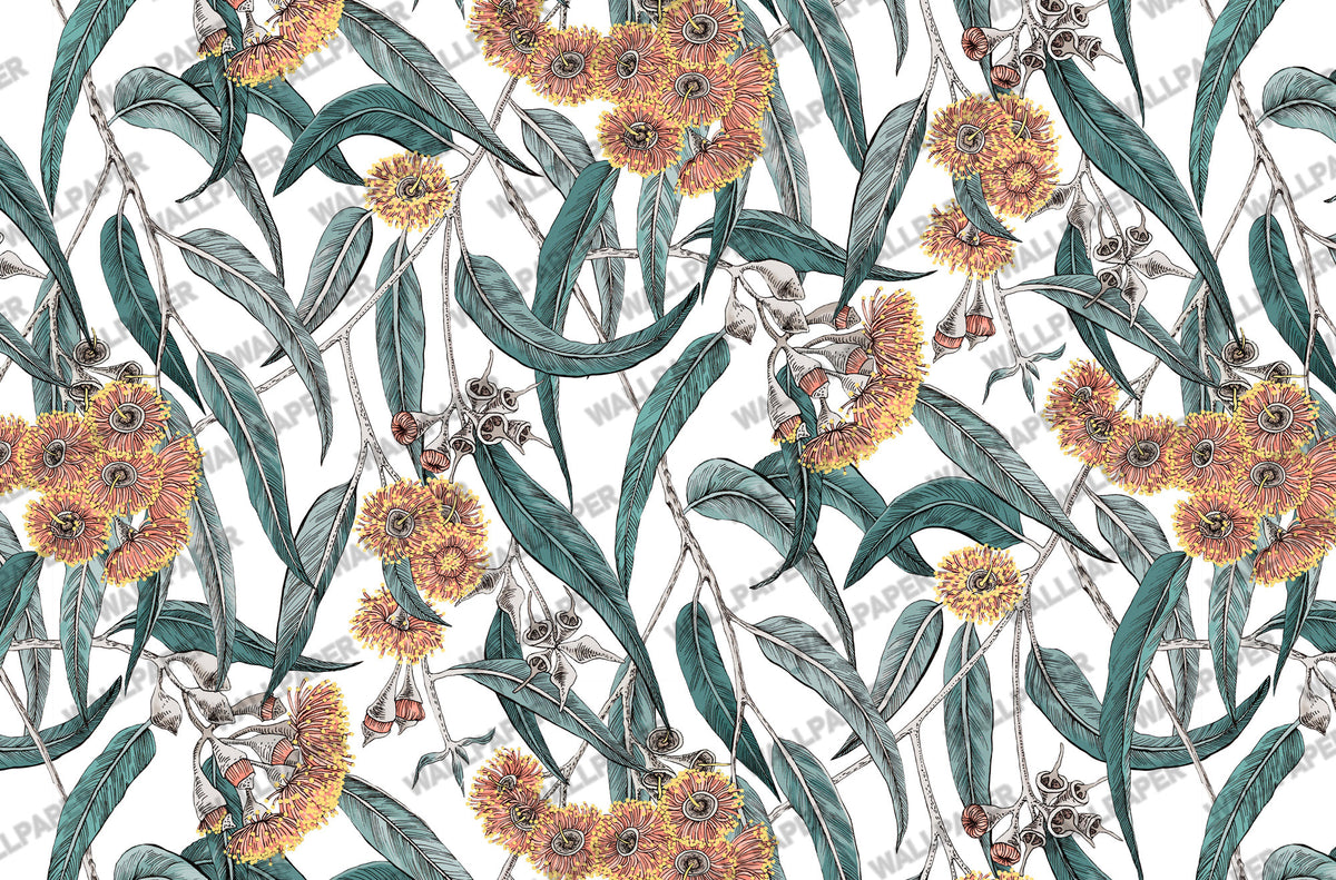 Teal Eucalyptus and Amber Blossom Wallpaper : Grey Botanical Mural - View 2