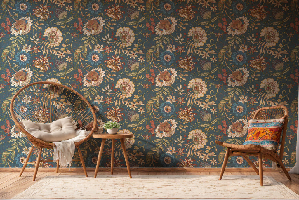 Navy Folk Floral Wallpaper : Vintage Arts and Crafts Wall Mural - View 4