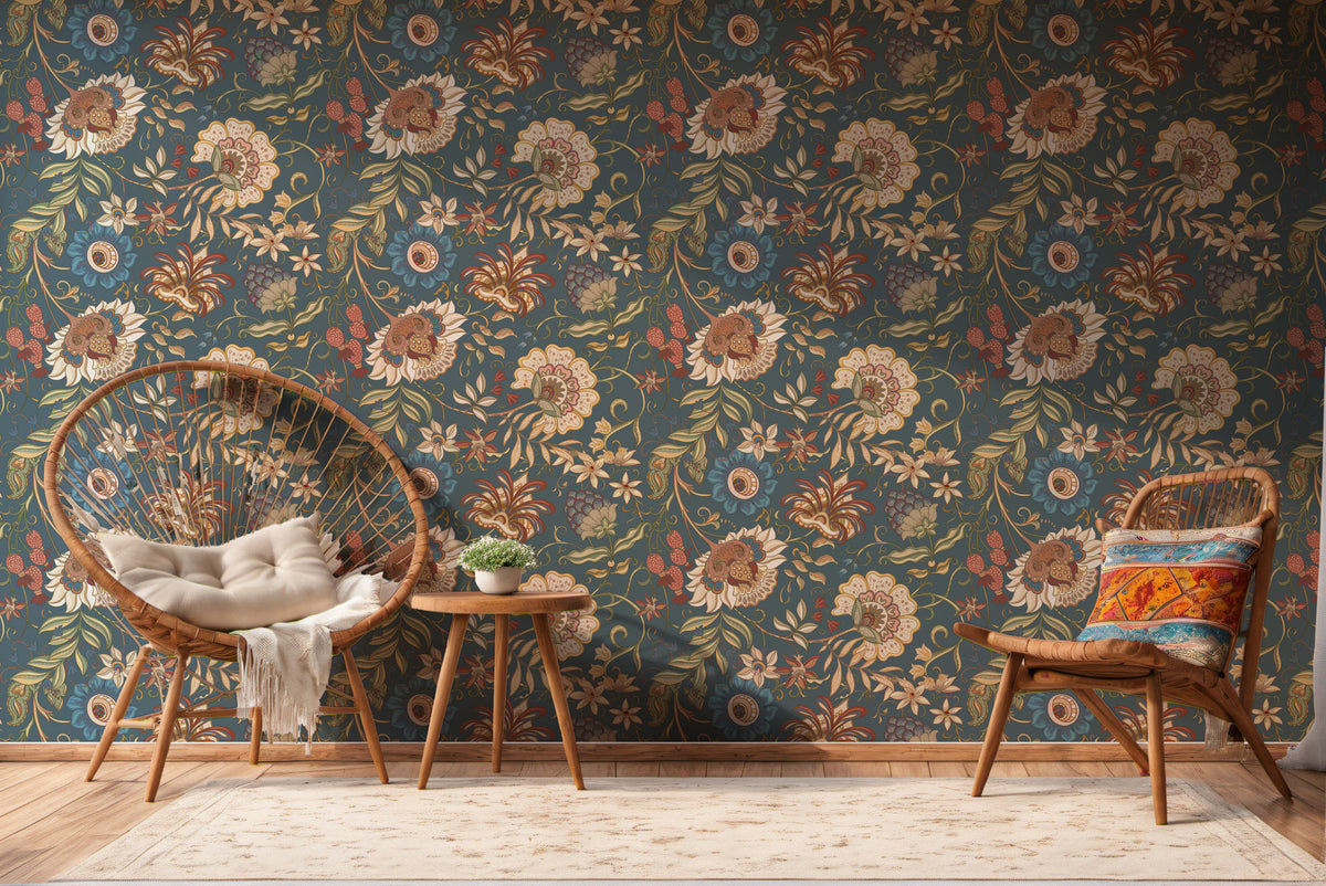Navy Folk Floral Wallpaper : Vintage Arts and Crafts Wall Mural - View 4