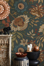 Navy Folk Floral Wallpaper : Vintage Arts and Crafts Wall Mural - View 5