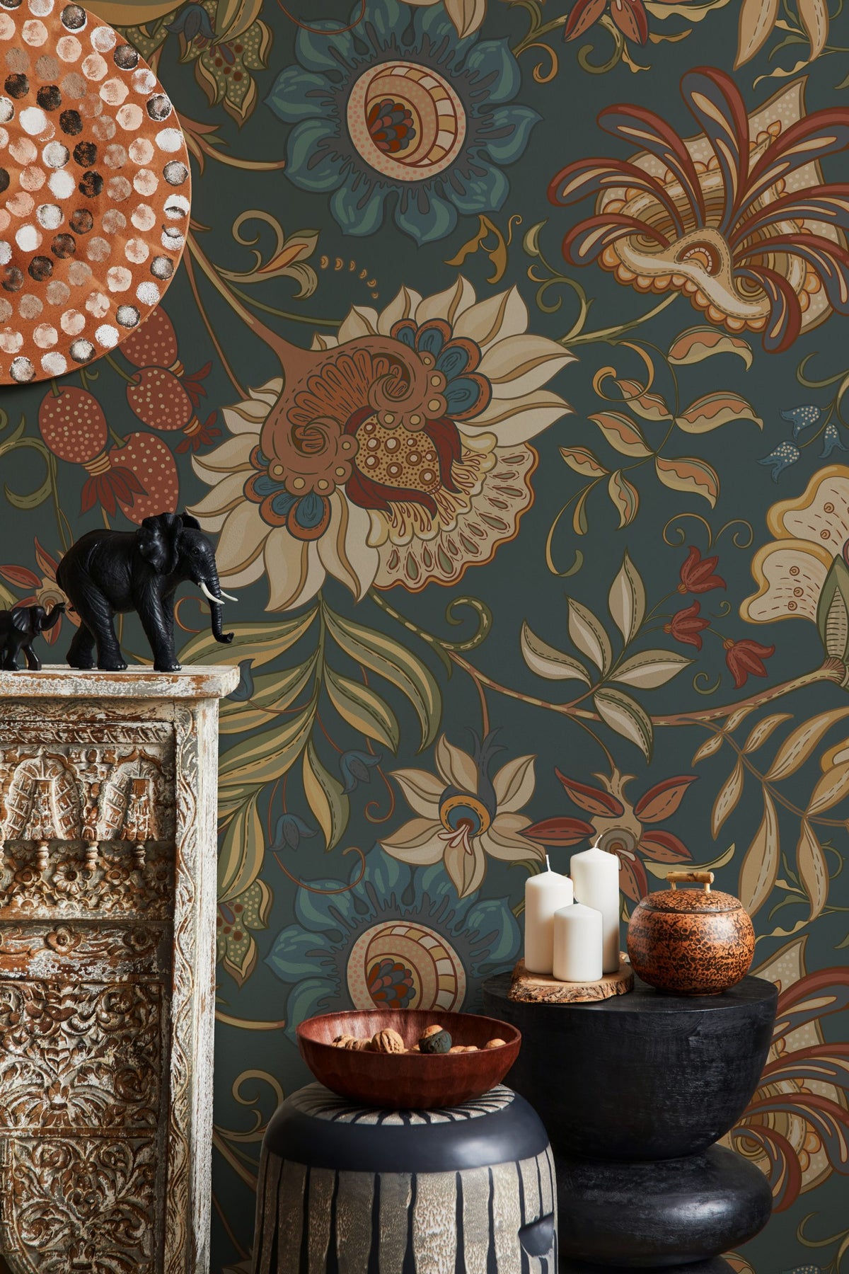 Navy Folk Floral Wallpaper : Vintage Arts and Crafts Wall Mural - View 5