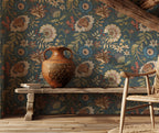 Navy Folk Floral Wallpaper : Vintage Arts and Crafts Wall Mural