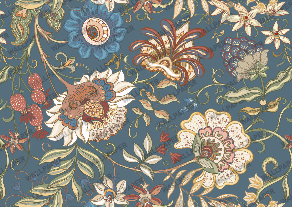 Navy Folk Floral Wallpaper : Vintage Arts and Crafts Wall Mural - View 3