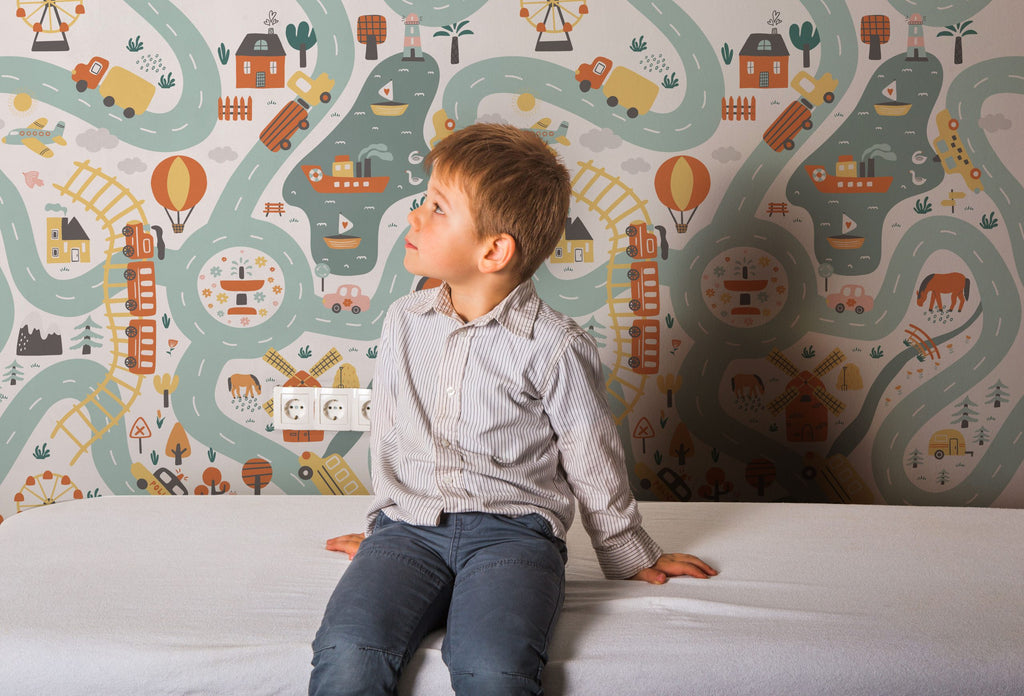 Road Map Wallpaper : Vehicles and Trains Kids Room Wall Mural - View 2