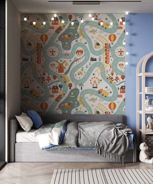 Road Map Wallpaper : Vehicles and Trains Kids Room Wall Mural