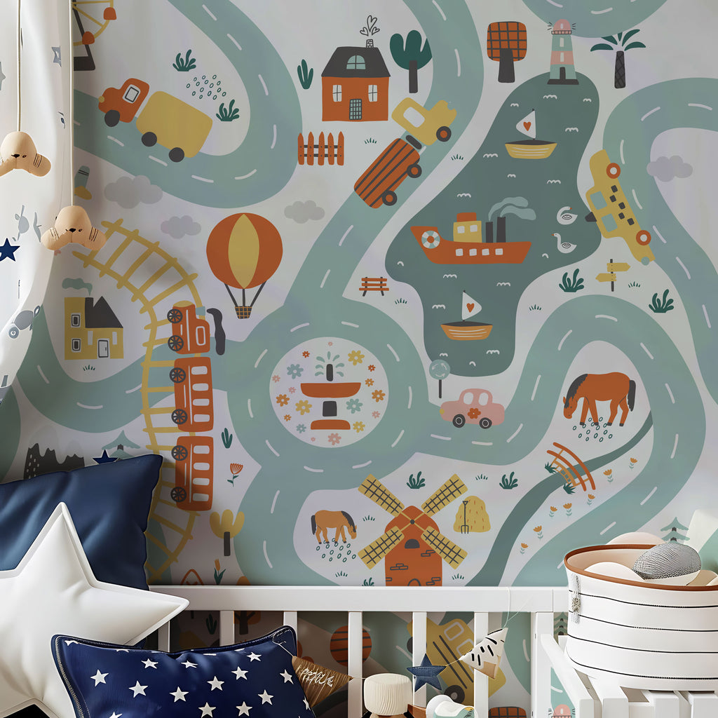 Road Map Wallpaper : Vehicles and Trains Kids Room Wall Mural - View 3