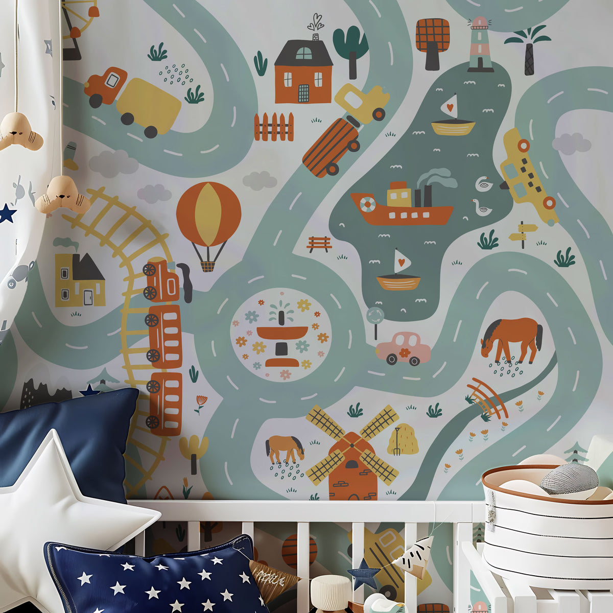Road Map Wallpaper : Vehicles and Trains Kids Room Wall Mural - View 3