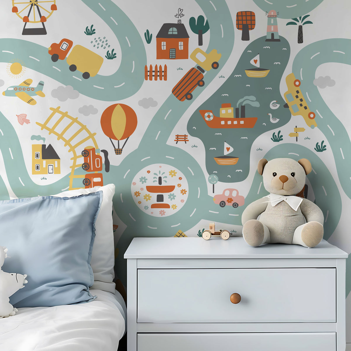 Road Map Wallpaper : Vehicles and Trains Kids Room Wall Mural - View 4