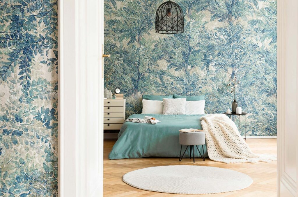 Blue Tree Canopy Wallpaper : Teal Painted Foliage Mural