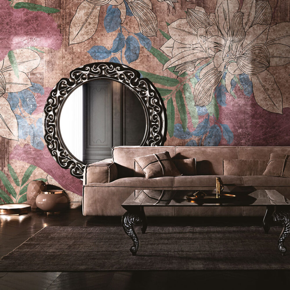 Rustic Leaf Wallpaper : Weathered Green Mauve Botanical Mural