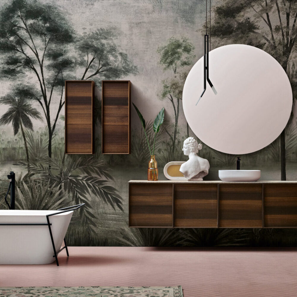 Misty Savanna Wallpaper : Green Tropical Lakeside Mural