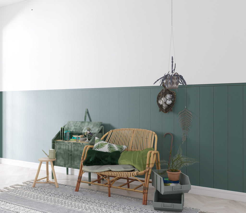 Half Wall Wainscot Wallpaper : Teal Panel and White Mural - View 2