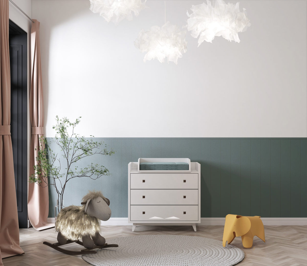 Half Wall Wainscot Wallpaper : Teal Panel and White Mural