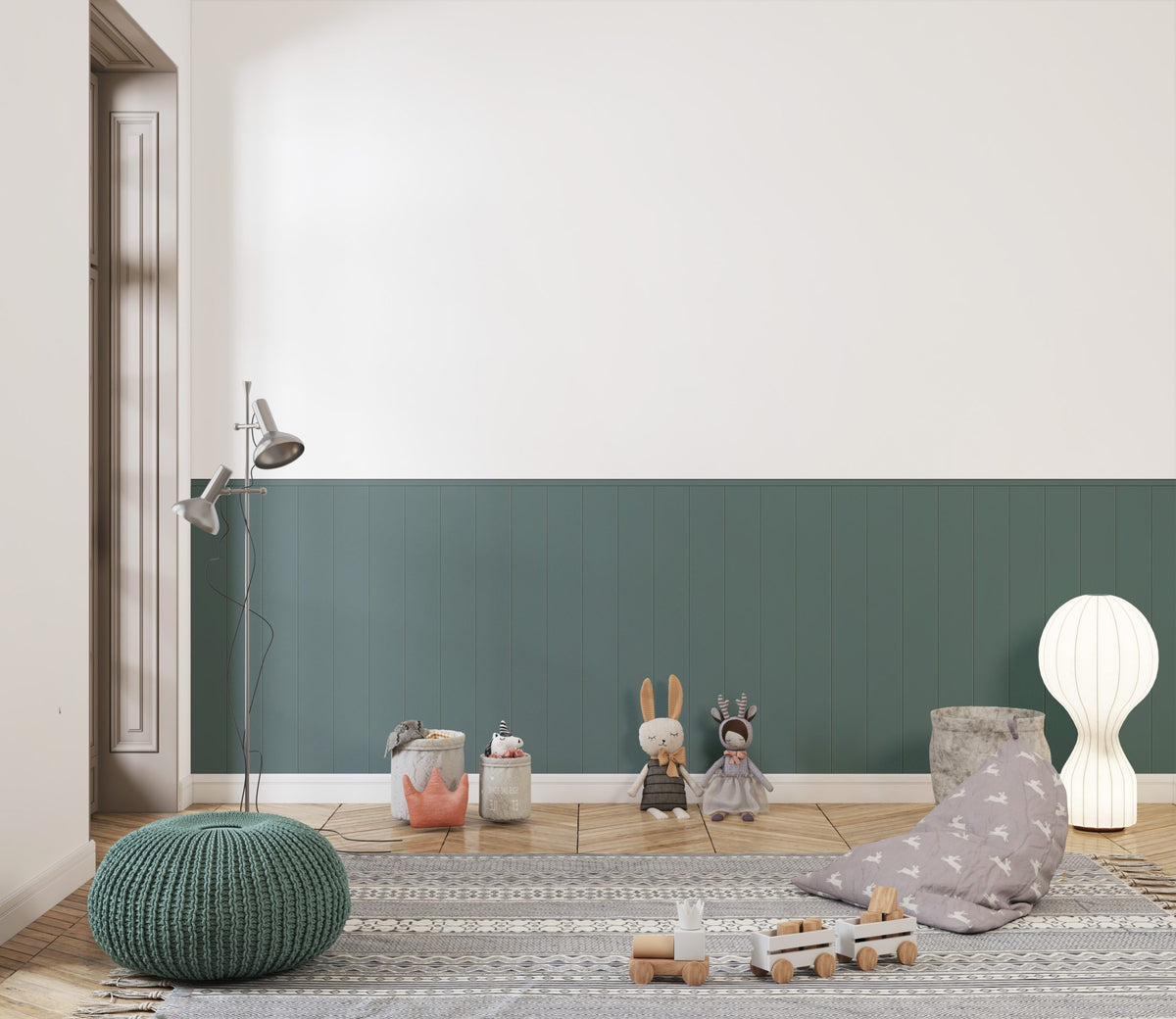 Half Wall Wainscot Wallpaper : Teal Panel and White Mural - View 5
