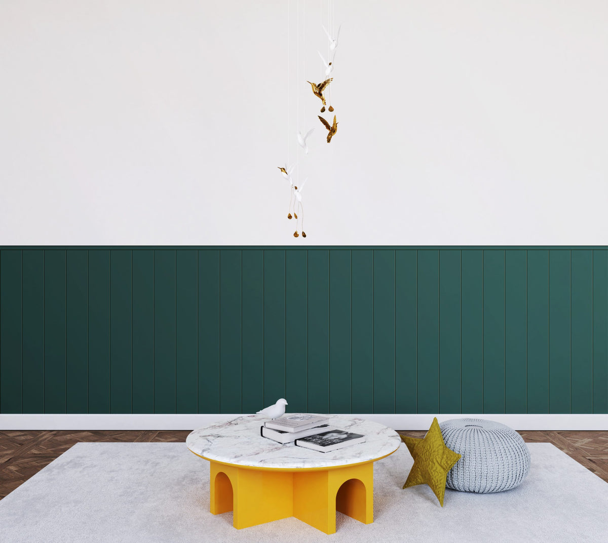 Half Wall Wainscot Wallpaper : Teal Panel and White Mural - View 6