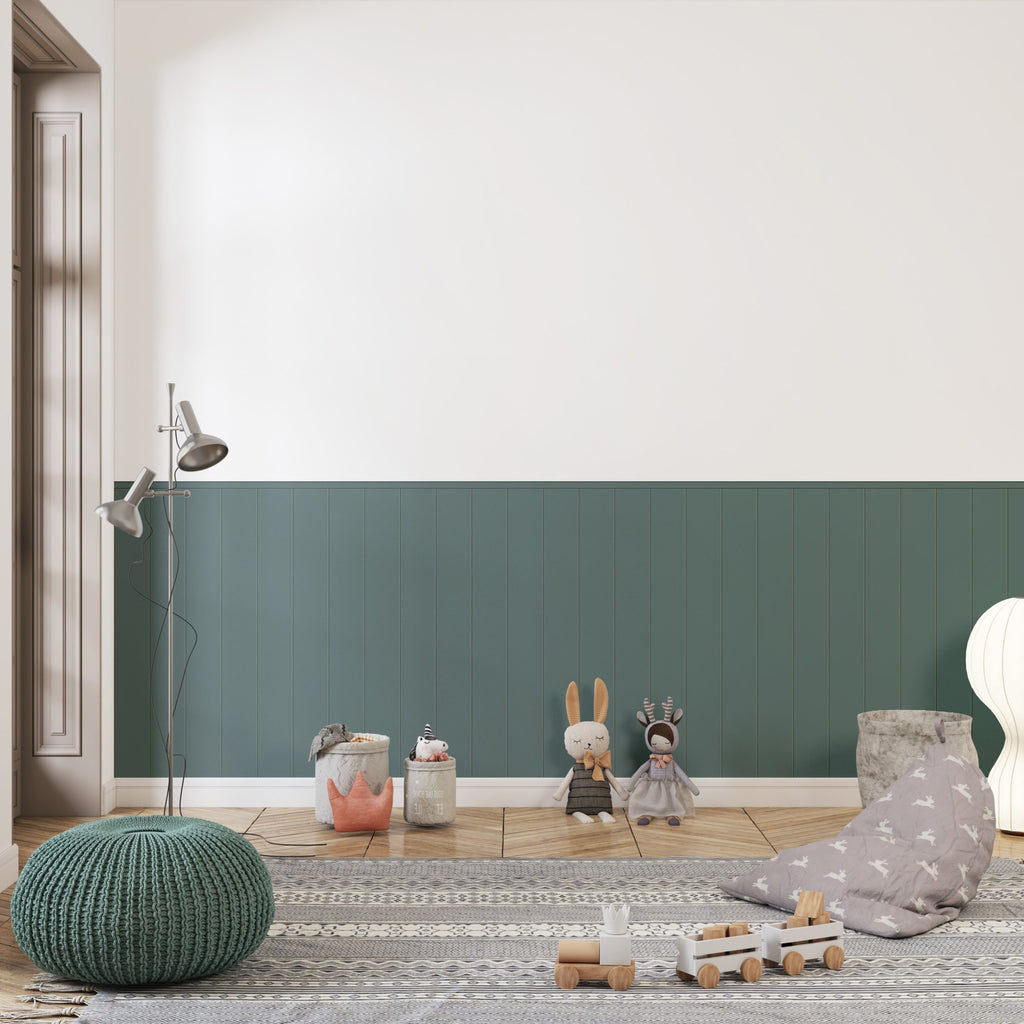 Half Wall Wainscot Wallpaper : Teal Panel and White Mural - View 3