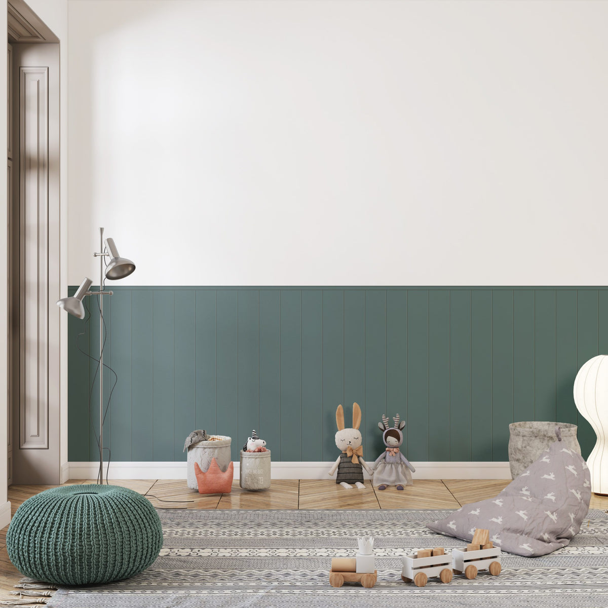 Half Wall Wainscot Wallpaper : Teal Panel and White Mural - View 3