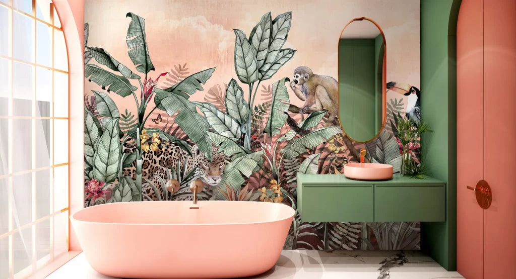 Jungle Leopard Wallpaper : Banana Leaf Monkey Tropical Mural - View 3