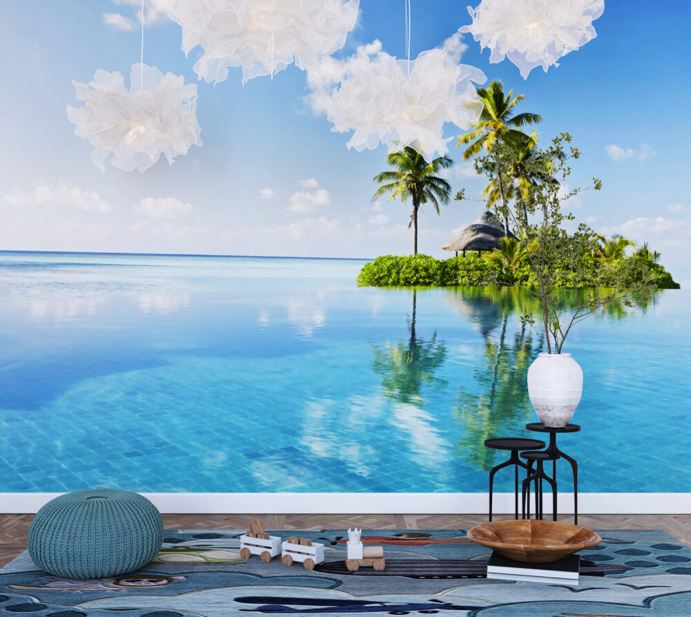 Tropical Island Lagoon Wallpaper : Palm Tree Ocean Mural - View 4