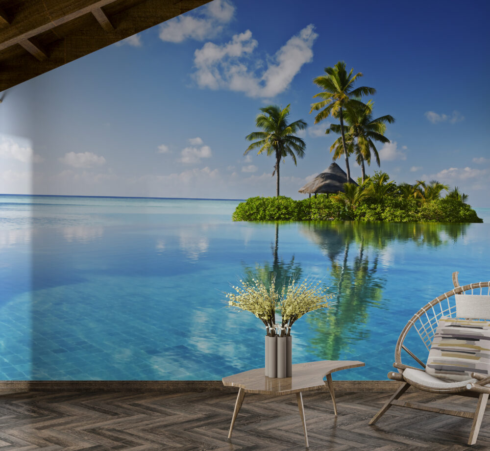 Tropical Island Lagoon Wallpaper : Palm Tree Ocean Mural - View 3