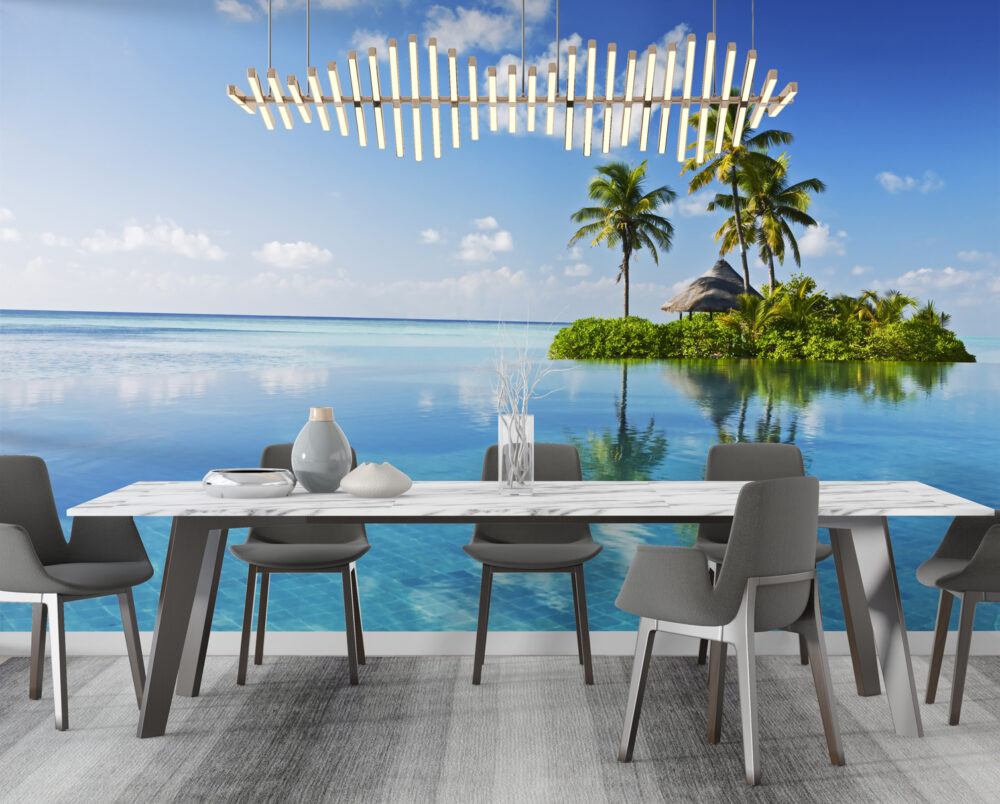 Tropical Island Lagoon Wallpaper : Palm Tree Ocean Mural - View 2