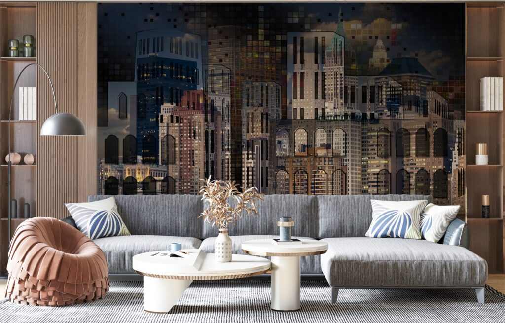 Night City Skyline Wallpaper : Lit Building Collage Mural