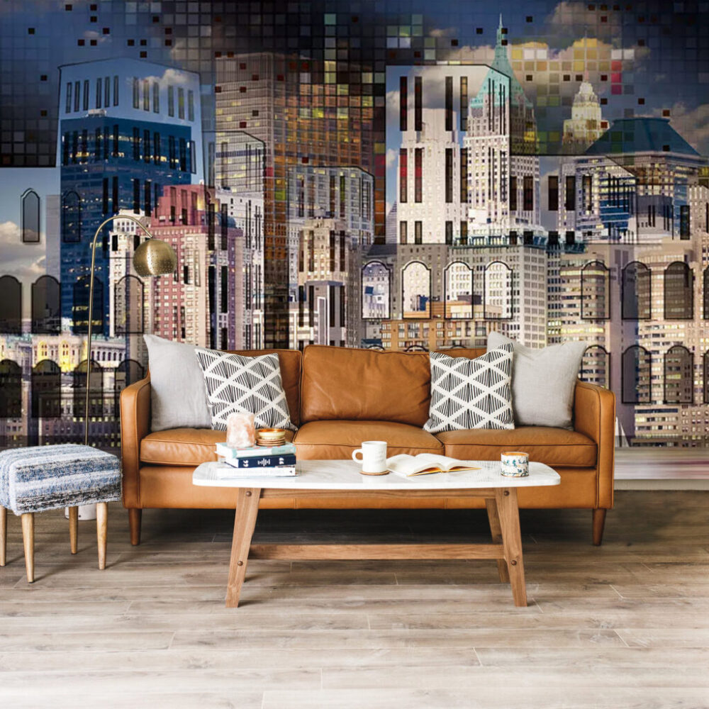 Night City Skyline Wallpaper : Lit Building Collage Mural - View 5